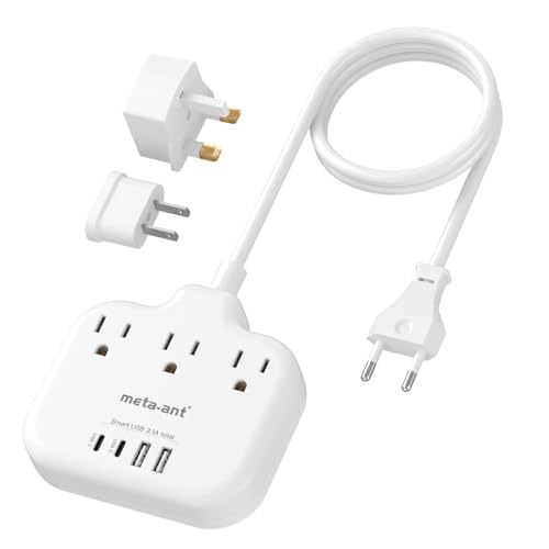 European Travel Plug Adapter, US to European Plug Adapter with 3 American Outlets & 4 USB, 3ft European Power Cord, International Travel Power Strip, Type C for Europe EU Germany France, Travel, White