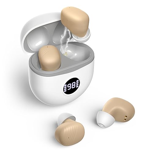 Hearing Aids, Rechargeable Hearing Aids for Seniors with Noise Cancelling, Small In Ear No Squealing Hearing Amplifiers Update Maximum Gain 40dB with Oval Charging Case LED Power Display, Beige