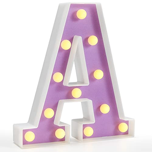Pooqla LED Marquee Letter Lights, Light Up Alphabet Marquee Letters Sign for Night Light Birthday Wedding Party Christmas Lamp Home Bar Decoration, Purple Letter A