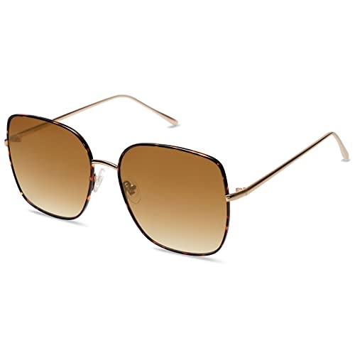 SOJOS Trendy Oversized Square Metal Frame Sunglasses for Women Men Flat Mirrored Lens UV Protection, SJ1146 with Brown Tortoise Frame/Brown Grading Lens