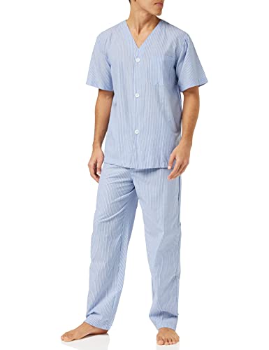 Fruit of the Loom mens Broadcloth Short Sleeve Top and Long Pants Pajama Set, Blue Stripe, Medium US