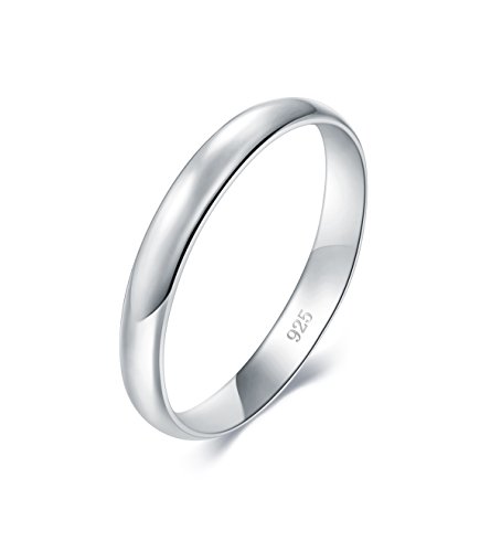 BORUO 925 Sterling Silver Ring High Polish Plain Dome Tarnish Resistant Comfort Fit Wedding Band 3mm Ring Size 8
