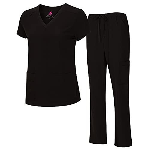 Natural Uniforms Women's Cool Stretch V-Neck Top and Cargo Pant Set (Black, 3X-Large)