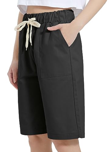 XinYangNi Casual Women's Cotton Elastic Waist Knee Length Bermuda Shorts with Drawstring (Black, XL)