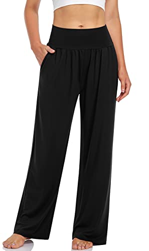 UEU Women's Wide Leg Yoga Pants Flowy High Waisted Casual Loose Fit Sweatpants Comfy Y2K Lounge Athletic Sweat Pants with Pockets(Black,M)