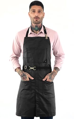 Under NY Sky No-Tie Panther Black Apron – Coated Twill with Leather Reinforcement, Split-Leg, Adjustable for Men and Women – Pro Barber, Tattoo, Barista, Bartender, Hair Stylist, Server Aprons