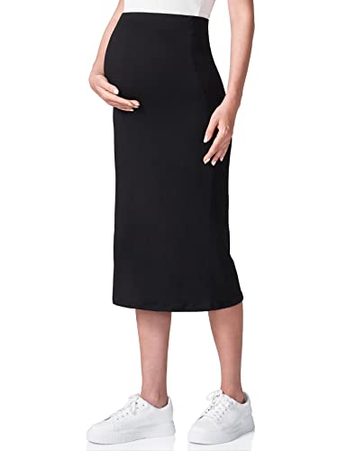 POSHDIVAH Women's Maternity Skirt Over The Belly Midi High Waisted Solid Stretchy Pregnancy Pencil Skirt Black Medium