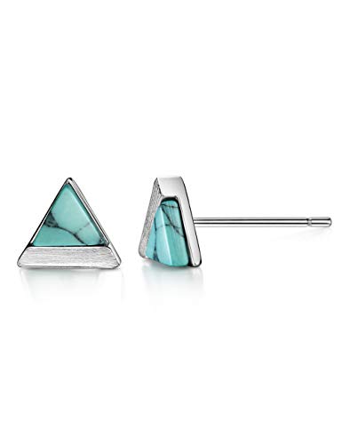 S925 Turquoise Stud Earrings for Women Triangle Cut Sterling Silver Cute Earrings for Girls Brushed Finsh Fine Jewelry for Women