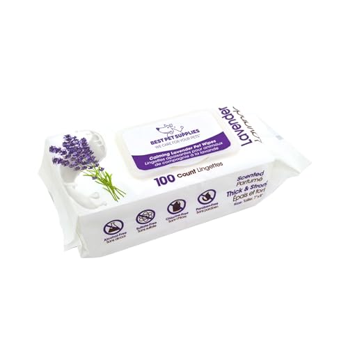 Best Pet Supplies 8' x 9' Pet Grooming Wipes for Dogs & Cats, 100 Pack, Plant-Based Deodorizer for Coats & Dry, Itchy, or Sensitive Skin, Clean Ears, Paws, & Butt - Calming Lavender