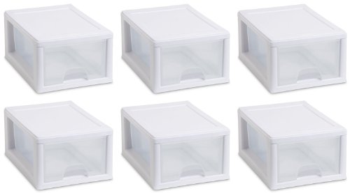Sterilite 6 Qt Stacking Storage Drawer, Stackable Plastic Bin Drawer to Organize Shoes in Home Closet, White with Clear Drawer, 6-Pack