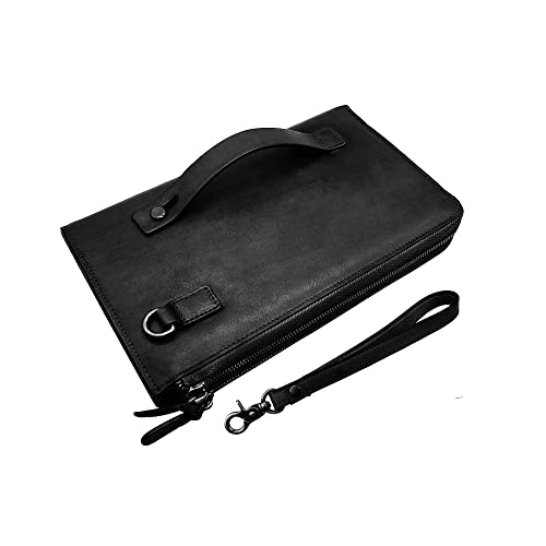 4YRBAGS Mens Wristlets Clutch Bag Genuine Leather Wallets Handbag Luxury Purses (Black)