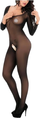 Meigeanfang Ladies Open Low Cut Long Sleeve Crotch See-Through Body Stocking Temptation Shapewear (Black,One Size)