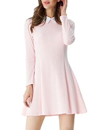 Aphratti Women's Long Sleeve Casual Peter Pan Collar Fit and Flare Skater Dress Pink X-Large