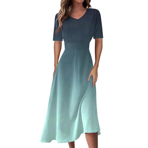 Women's Short Sleeve Dress 2024 Spring Summer Trendy Loose Flowy V-Neck Boho Dresss Casual Solid Color Dresses Womens Dresses Spring Wedding Blue Dresses for Women 2024（2-Cyan,Medium）