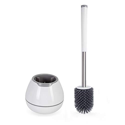 BOOMJOY Toilet Brush and Holder Set, Silicone Toilet Bowl Cleaner Brush, Bathroom Cleaning Bowl Brush Kit with Tweezers, Bathroom Accessories with Aluminum Handle - White