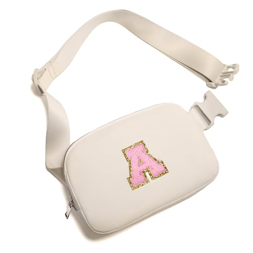 Gitus Belt Bag Fanny Pack Crossbody Bags with Initial Letter Patch Cute Stuff Birthday Gifts for Teenager Girls Cool Stuff for Teens Trendy Preppy Stuff for Teen Girls (Beige-A)