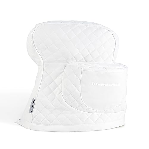 KITCHENAID Fitted Tilt-Head Solid Stand Mixer Cover with Storage Pocket, Quilted 100% Cotton, White, 14.4'x18'x10'