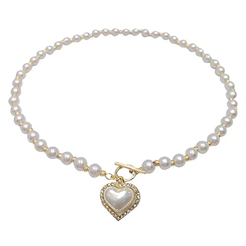 IMEGILO Pearl Necklaces for Women，6mm Faux Pearl Necklace，14K Gold Plated Heart Pearl Necklace,Fashion Accessories is Perfect for any Occasion It's a Dainty Pearl Necklace