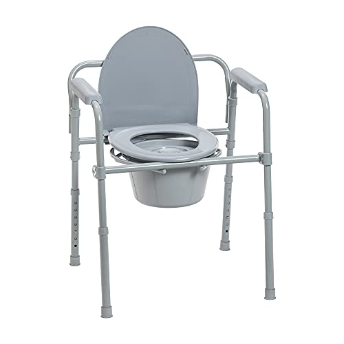 Drive Medical 11148-1 Folding Steel Bedside Commode Chair, Portable Toilet, Supports Bariatric Individuals Weighing Up To 350 Lbs, with 7.5 Qt. Bucket and 13.5 Inch Seat, Grey