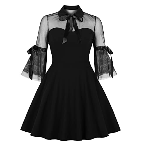 Women Peter Pan Collar Bell Sleeve Vintage 1950s Cocktail Swing Dress Keyhole Mesh Sheer Gothic Mini Dress Panel Vintage Flared A-line Prom Dress Wedding Evening Party Goth Dress Black-Bell Sleeve L