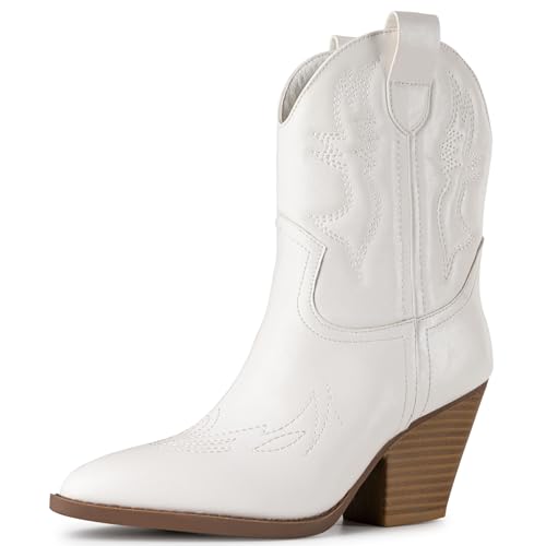 Trary Women's Cowgirl Cowboy Boots,Pointe Toe Chunky Low Heel Pull-on Ankle Boots Fashion Country Concert Walking Booties, White Pu,Size8