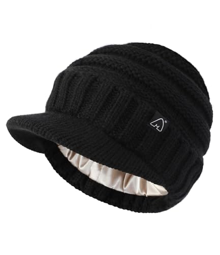 Hat Hut Beanie Hat for Women Men Satin Lined Beanie for Women Satin Lined Winter Hat Slouchy hat with Visor Brim (Black)