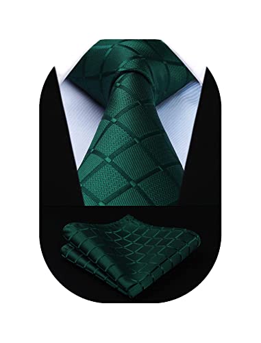 HISDERN Ties for Men Green Plaid Tie Handkerchief Classic Men's Necktie & Pocket Square Set Formal Mens Ties Emerald Hunter Forest Green for Wedding