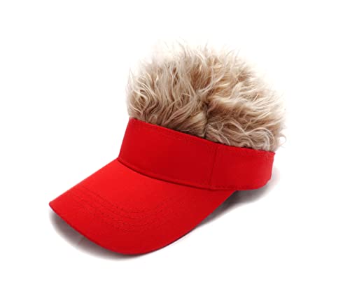 KELSOD Men's Hair Visor ​Sun Hats Visor With Hair Fake Hat With Hair for Men Novelty Spiked Adjustable Baseball Caps Funny Gift (red)