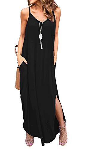 GRECERELLE Women's Summer Casual Loose Dress Beach Cover Up Long Cami Maxi Dresses with Pocket Black-Medium