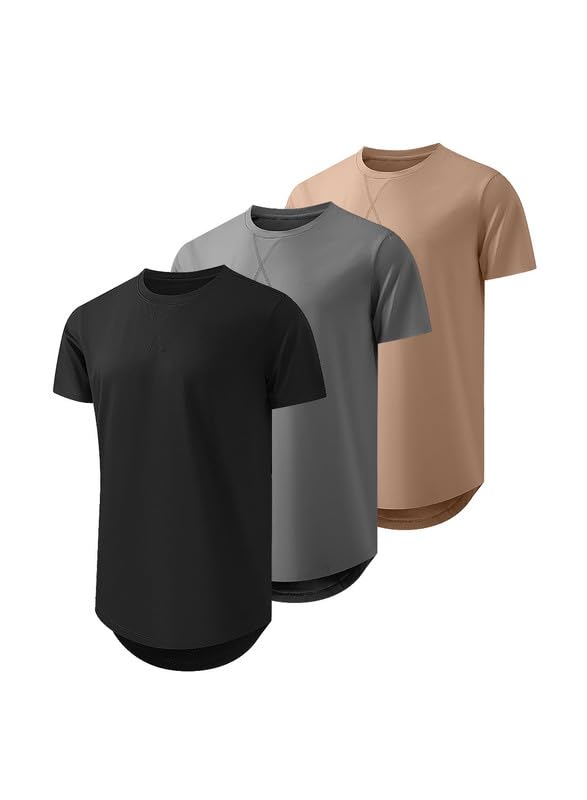 JMIERR Men's 3 Pack Cotton Hipster Hip Hop Longline Crewneck T-Shirt, Short Sleeve Gym Workout Athletic T Shirts for Men Pack,L, Black/Dark Grey/Khaki