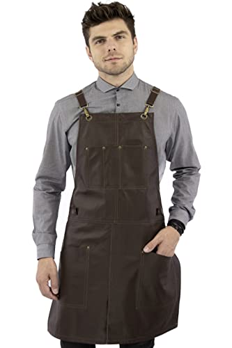 Under NY Sky Leather Apron - Cross-back Straps, Split-Leg, Riveted, Lined – Genuine Leather for Barbers, Chef, Bartender, Barista (Brown)