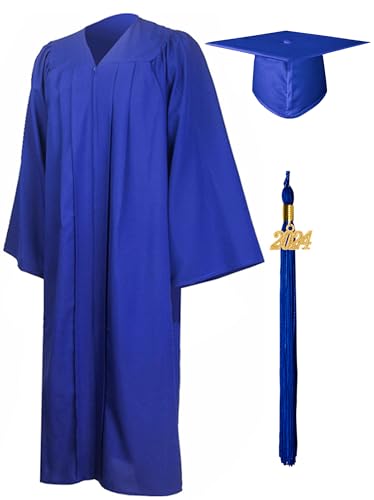 GraduationMall Matte Graduation Gown Cap Tassel Set 2024 for High School and Bachelor Royal Blue 54 Plus(5'9'-5'11')