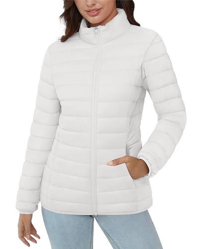 MAGCOMSEN Womens Puffer Jacket Lightweight Quilted Winter Long Sleeve Water-resistant Zip-up Coat with Inner Pocket, White M