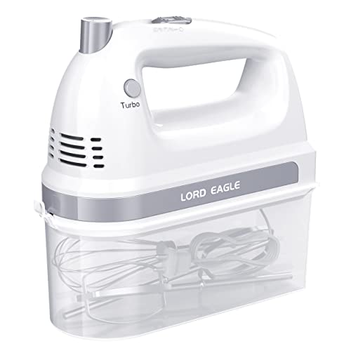 Lord Eagle Electric Hand Mixer Mini, 300W Power Handheld Mixer Kitchen for 5-Speed Baking Cake Egg Cream Food Beaters Whisk, with Snap-On Storage Case, White