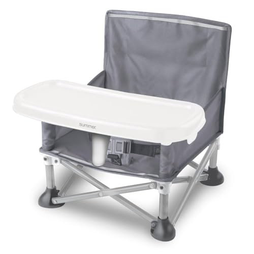Summer by Bright Starts Pop 'N Sit Portable Booster Chair, Floor Seat, Indoor/Outdoor Use, Compact Fold, Grey, 6 Mos - 3 Yrs
