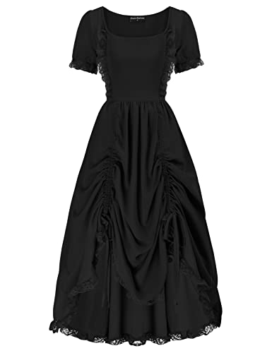 Scarlet Darkness Women Victorian Renaissance Dress Ruffle High Low Dress with Drawstring S-2XL Black