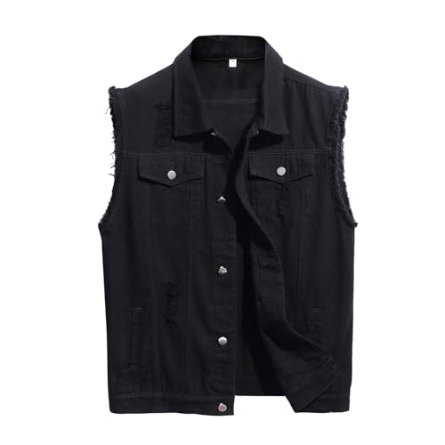 LONGBIDA Men's Denim Vest Sleeveless Ripped Slim fit Distressed Jean Jacket(Black0721,XL)