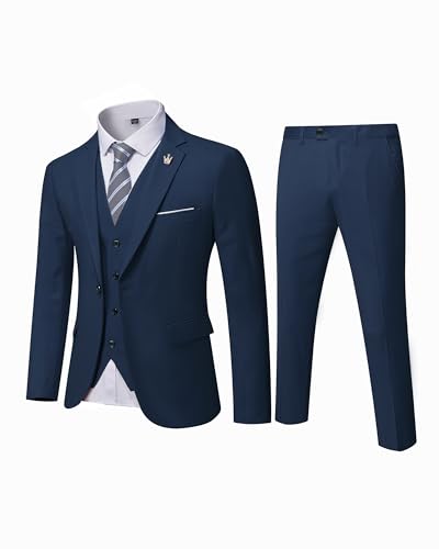 MYS Men's 3 Piece Slim Fit Suit Set, One Button Solid Jacket Vest Pants with Tie Deep Blue