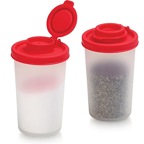 SIGNORAWARE Salt and Pepper Shakers Moisture Proof Set of 2 Large Salt Shaker to go Camping Picnic Outdoors Kitchen Lunch Boxes Travel Spice Set Clear with Red Covers Lids Plastic Airtight Dispenser