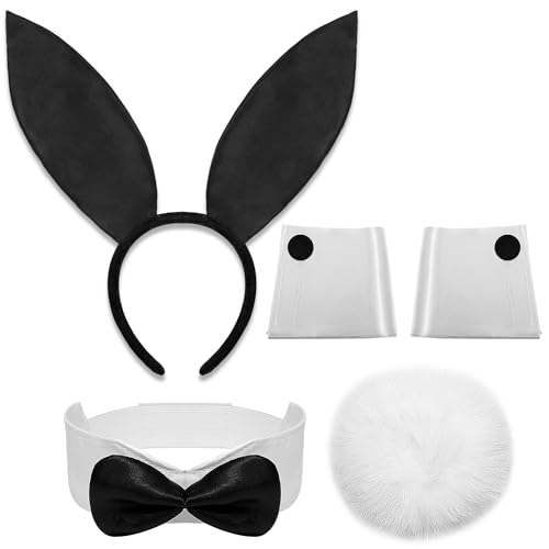 U-Goforst Women Bunny Costume Accessories Set, White and Black Bunny Ears Headband Collar Bow Tie Costume Cuffs Rabbit Tail for Adult Halloween Party