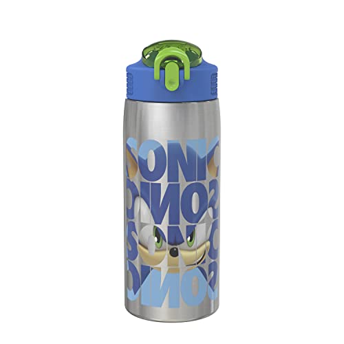 Zak Designs Sonic the Hedgehog Water Bottle for Travel and At Home, 19 oz Vacuum Insulated Stainless Steel with Locking Spout Cover, Built-In Carrying Loop, Leak-Proof Design (Sonic)