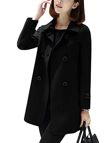 Tanming Women's Winter Double Breasted Coat Black Wool Peacoat Long Sleeve Trench Coat (Black-L)