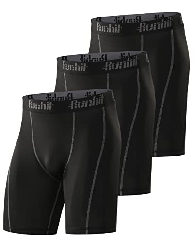 Runhit Men's Compression Shorts(3 Pack), Compression Spandex Yoga Shorts Underwear (black Grey, L)