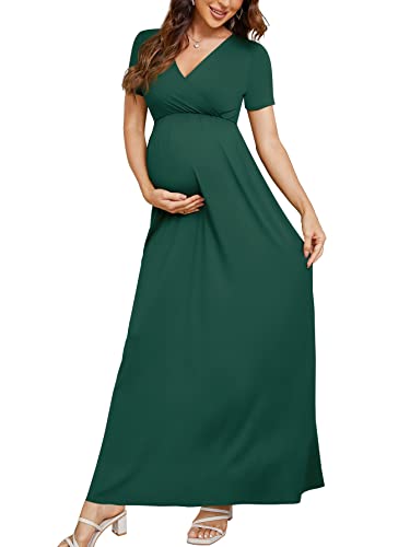 Xpenyo Maternity Dresses Women's Summer Casual Short Sleeve V Neck Wrap Long Maxi Dress Pregnancy Clothes for Baby Shower, Photoshoot, Party, Daily, Nursing, Dark Green M