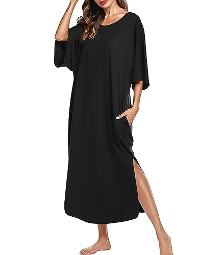 Ekouaer Womens V-Neck Cotton Nightgown Oversized Loose Fit Long Sleep Dress, A black, XX-Large