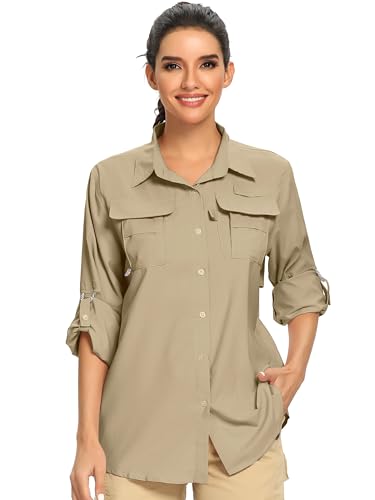 Women's UPF 50+ UV Sun Protection Safari Shirt, Long Sleeve Outdoor Cool Quick Dry Fishing Hiking Gardening Shirts (5055 Khaki L)