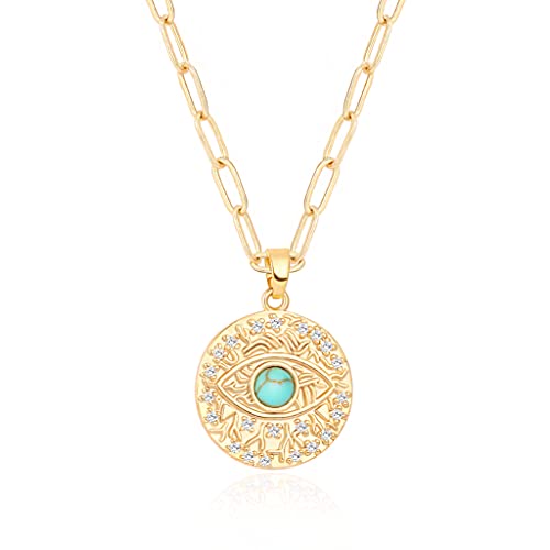 Aobei Pearl CZ Evil Eye Medallion Necklace 18k Gold Paper Clip Chain Coin Pendant Necklace Pave Turquoise Cubic Zirconia Protection Layering Jewelry for Women 18’’