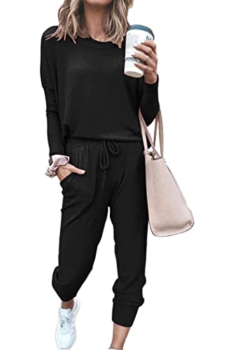 PRETTYGARDEN Women's 2024 Fall Two Piece Outfit Long Sleeve Crewneck Pullover Tops and Long Pants Tracksuit (Black,Large)