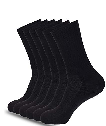 1SOCK2SOCK 6 Pack Performance Cotton Cushion Crew Athletic Sport Socks Moisture Wicking Arch Support Band Black