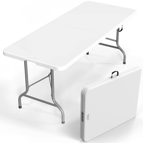 VINGLI 6 Foot Plastic Folding Table Portable Long Table for Indoor Outdoor Use Rectangular with Carrying Handle, Smooth HDPE Tabletop, White